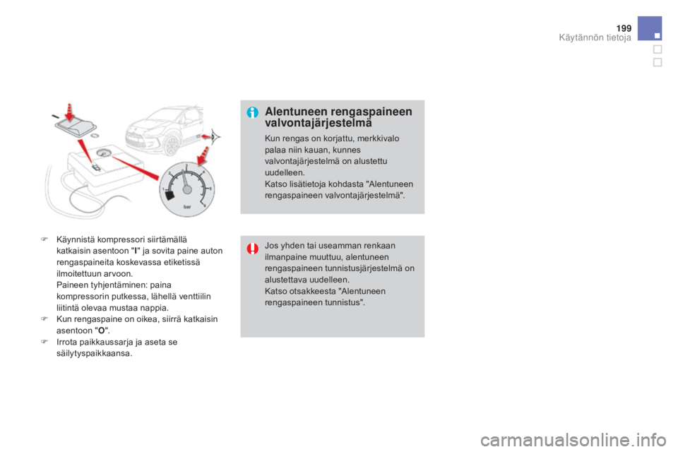 CITROEN DS3 2016  Omistajan Käsikirjat (in Finnish) 199
DS3_fi_Chap08_info-pratiques_ed01-2015
F Käynnistä kompressori siirtämällä katkaisin asentoon " I" ja sovita paine auton 
rengaspaineita koskevassa etiketissä 
ilmoitettuun arvoon.
 
