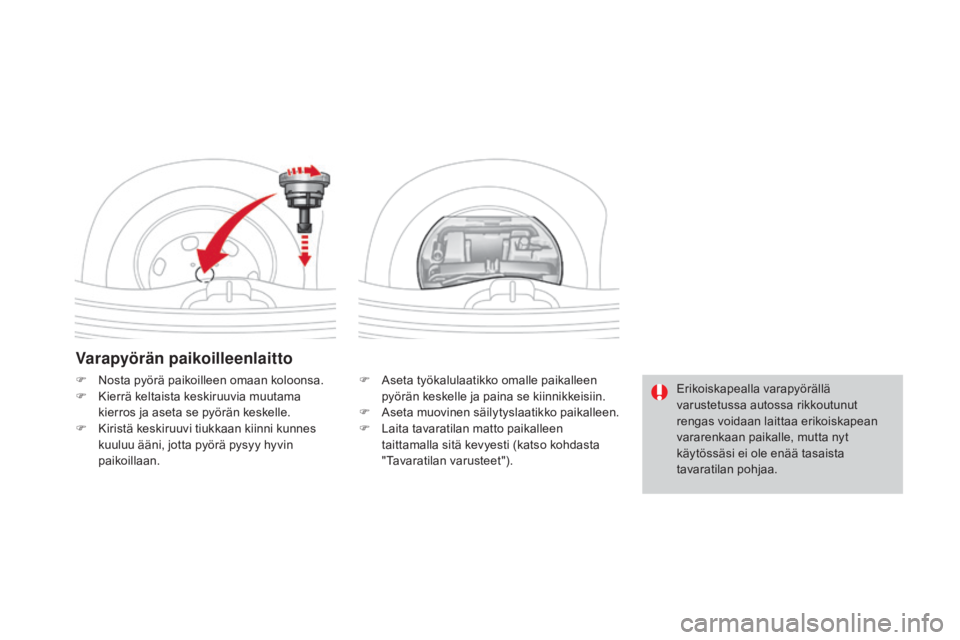 CITROEN DS3 2016  Omistajan Käsikirjat (in Finnish) DS3_fi_Chap08_info-pratiques_ed01-2015
Varapyörän paikoilleenlaitto
F Aseta työkalulaatikko omalle paikalleen pyörän keskelle ja paina se kiinnikkeisiin.
F
 
A
 seta muovinen säilytyslaatikko pa