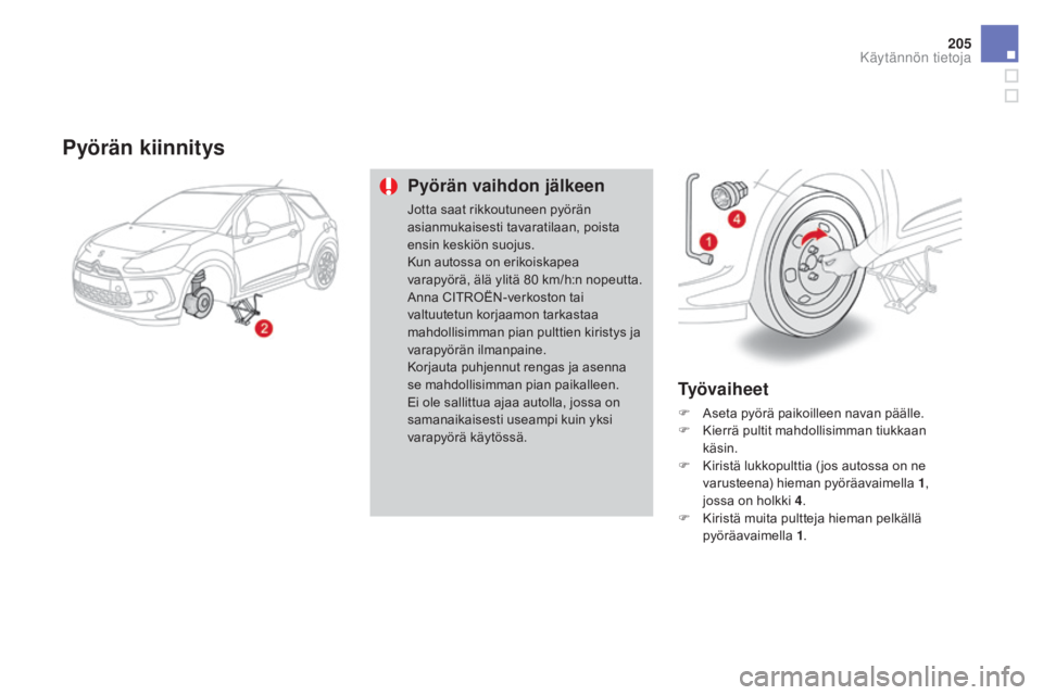 CITROEN DS3 2016  Omistajan Käsikirjat (in Finnish) 205
DS3_fi_Chap08_info-pratiques_ed01-2015
pyörän kiinnitys
pyörän vaihdon jälkeen
Jotta saat rikkoutuneen pyörän 
asianmukaisesti tavaratilaan, poista 
ensin keskiön suojus.
Kun autossa on er