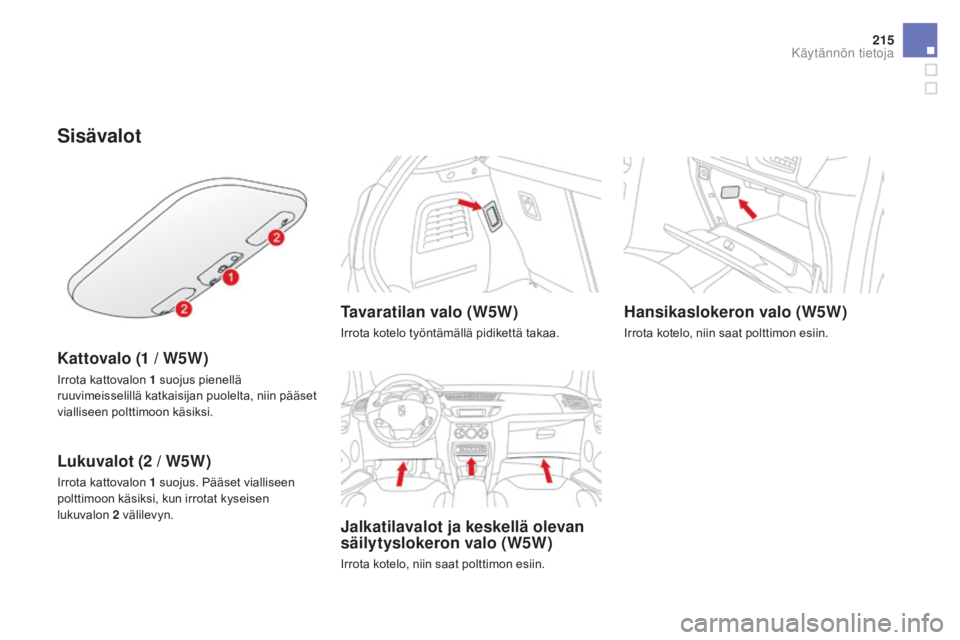 CITROEN DS3 2016  Omistajan Käsikirjat (in Finnish) 215
DS3_fi_Chap08_info-pratiques_ed01-2015
Sisävalot
Kattovalo (1 / W5W)
Irrota kattovalon 1 suojus pienellä 
ruuvimeisselillä katkaisijan puolelta, niin pääset 
vialliseen polttimoon käsiksi.
L