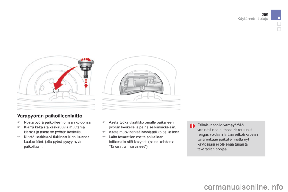 CITROEN DS3 2015  Omistajan Käsikirjat (in Finnish) 209
DS3_fi_Chap10_info-pratiques_ed01-2014
Varapyörän paikoilleenlaitto
F Aseta työkalulaatikko omalle paikalleen pyörän keskelle ja paina se kiinnikkeisiin.
F
 
A
 seta muovinen säilytyslaatikk