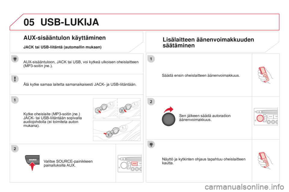 CITROEN DS3 2015  Omistajan Käsikirjat (in Finnish) 05
DS3_fi_Chap13c_RD45_ed01_2014
Näyttö ja kytkinten ohjaus tapahtuu oheislaitteen 
kautta.
Säädä ensin oheislaitteen äänenvoimakkuus.
Sen jälkeen säädä autoradion 
äänenvoimakkuus.
AUX-s