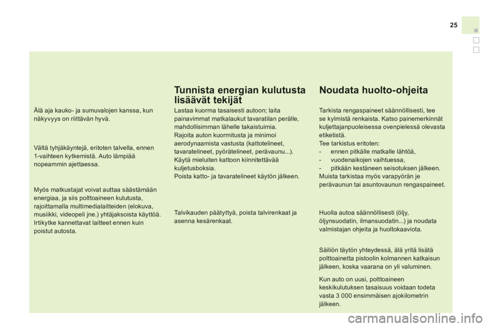 CITROEN DS3 2013  Omistajan Käsikirjat (in Finnish) 25
Tunnista energian kulutusta 
lisäävät tekijät
Lastaa kuorma tasaisesti autoon; laita painavimmat matkalaukut tavaratilan perälle, mahdollisimman lähelle takaistuimia.Rajoita auton kuormitusta