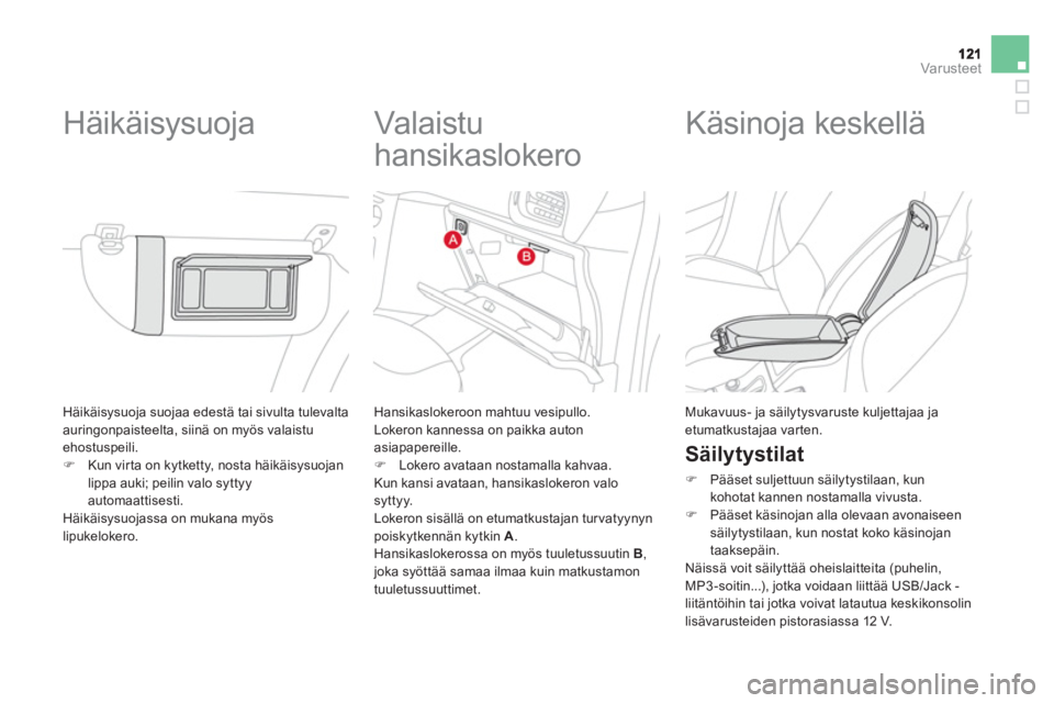 CITROEN DS3 2011  Omistajan Käsikirjat (in Finnish) Var usteet
 Häikäisysuoja suojaa edestä tai sivulta tulevalta 
auringonpaisteelta, siinä on myös valaistu ehostuspeili.�)Kun virta on kytketty, nosta h