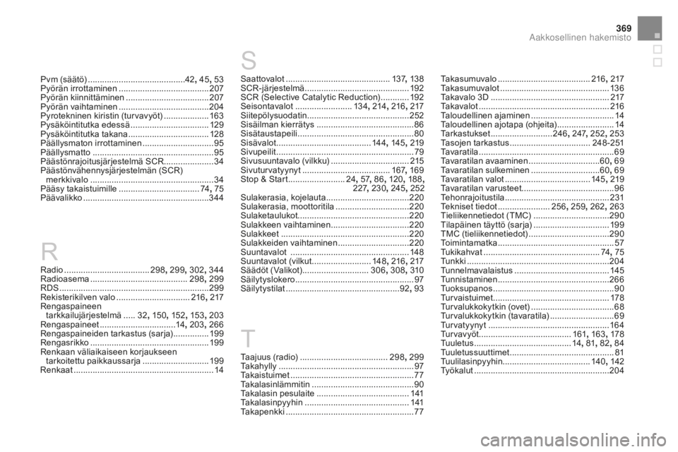 CITROEN DS3 CABRIO 2017  Omistajan Käsikirjat (in Finnish) 369
DS3_fi_Chap12_index-recherche_ed02-2015
Radio ....................................298, 299 , 302, 344
Radioasema ............................... ..........298, 299
RDS
 ................

.........