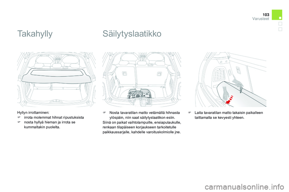 CITROEN DS3 CABRIO 2015  Omistajan Käsikirjat (in Finnish) 103
DS3_fi_Chap05_amenagement_ed01-2014
Hyllyn irrottaminen:
F i rrota molemmat hihnat ripustuksista
F
 
n
 osta hyllyä hieman ja irrota se 
kummaltakin puolelta.
Takahylly
F Nosta tavaratilan matto 