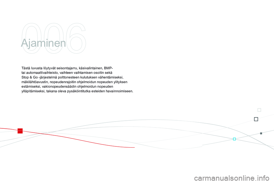 CITROEN DS3 CABRIO 2015  Omistajan Käsikirjat (in Finnish) DS3_fi_Chap06_conduite_ed01-2014
Ajaminen
Tästä luvusta löytyvät seisontajarru, käsivalintainen, BMP- 
tai automaattivaihteisto, vaihteen vaihtamisen osoitin sekä 
Stop  &   Go   -järjestelmä 