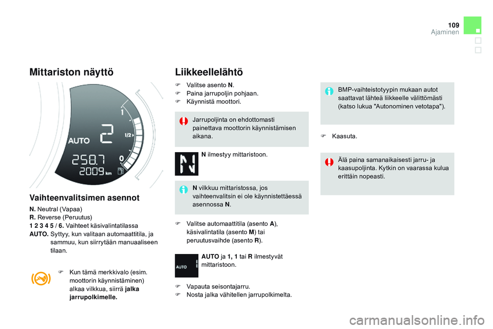 CITROEN DS3 CABRIO 2015  Omistajan Käsikirjat (in Finnish) 109
DS3_fi_Chap06_conduite_ed01-2014
Mittariston näyttö
Vaihteenvalitsimen asennot
N. Neutral (Vapaa)
R.  Reverse (Peruutus)
1 2 3 4 5 / 6. Vaihteet käsivalintatilassa
AUTO.  
 
S
 yttyy, kun valit