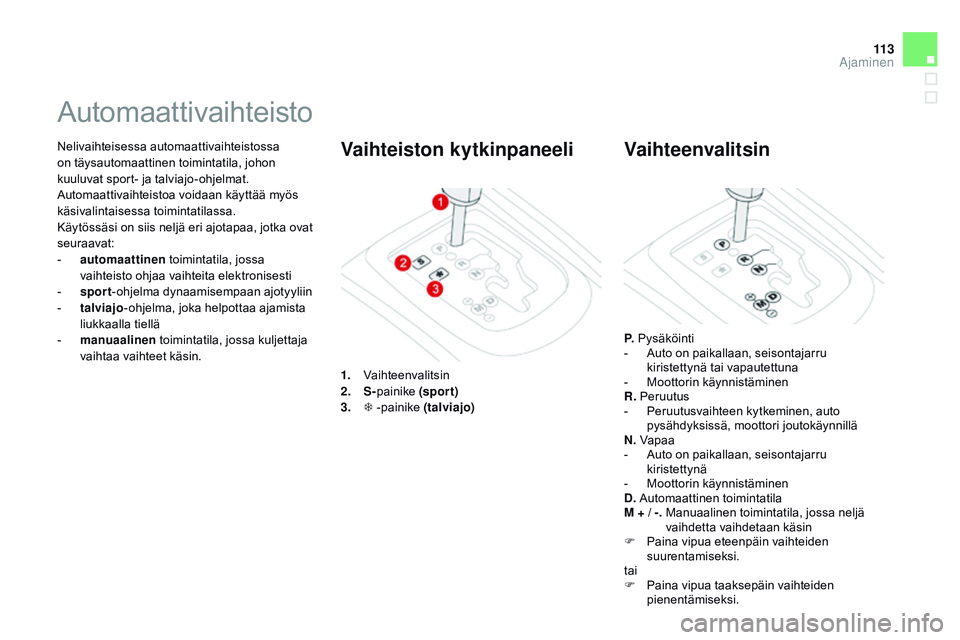 CITROEN DS3 CABRIO 2015  Omistajan Käsikirjat (in Finnish) 11 3
DS3_fi_Chap06_conduite_ed01-2014
Nelivaihteisessa automaattivaihteistossa 
on täysautomaattinen toimintatila, johon 
kuuluvat sport- ja talviajo-ohjelmat. 
Automaattivaihteistoa voidaan käyttä