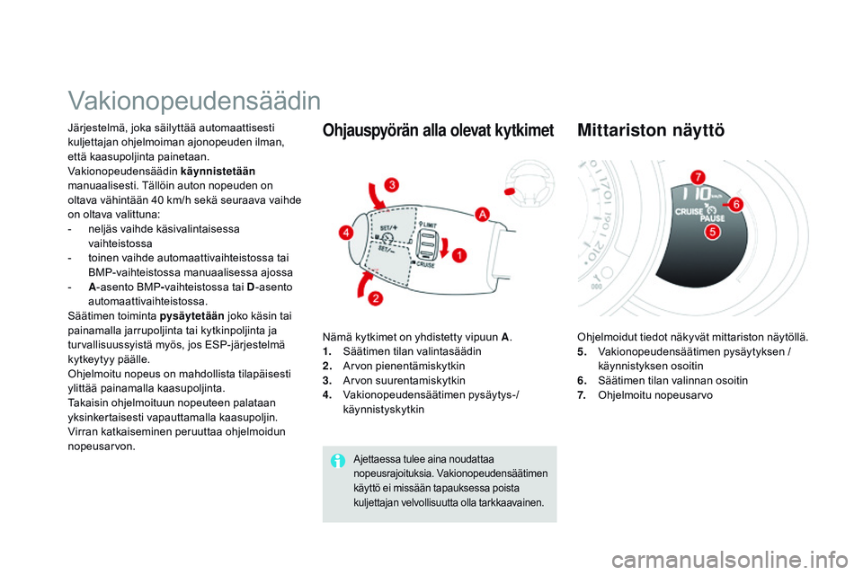 CITROEN DS3 CABRIO 2015  Omistajan Käsikirjat (in Finnish) DS3_fi_Chap06_conduite_ed01-2014
Vakionopeudensäädin
Järjestelmä, joka säilyttää automaattisesti 
kuljettajan ohjelmoiman ajonopeuden ilman, 
että kaasupoljinta painetaan.
Vakionopeudensäädi