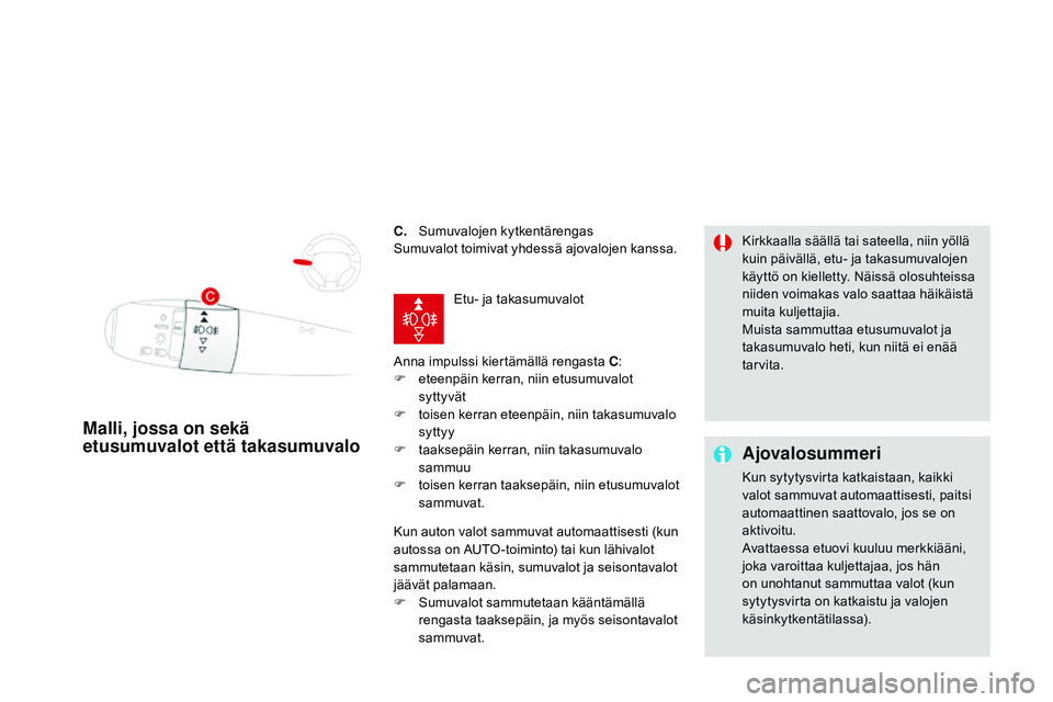 CITROEN DS3 CABRIO 2015  Omistajan Käsikirjat (in Finnish) DS3_fi_Chap07_visibilite_ed01-2014
C. Sumuvalojen kytkentärengas
Sumuvalot toimivat yhdessä ajovalojen kanssa.
Anna impulssi kiertämällä rengasta C:
F
 
e
 teenpäin kerran, niin etusumuvalot 
sy