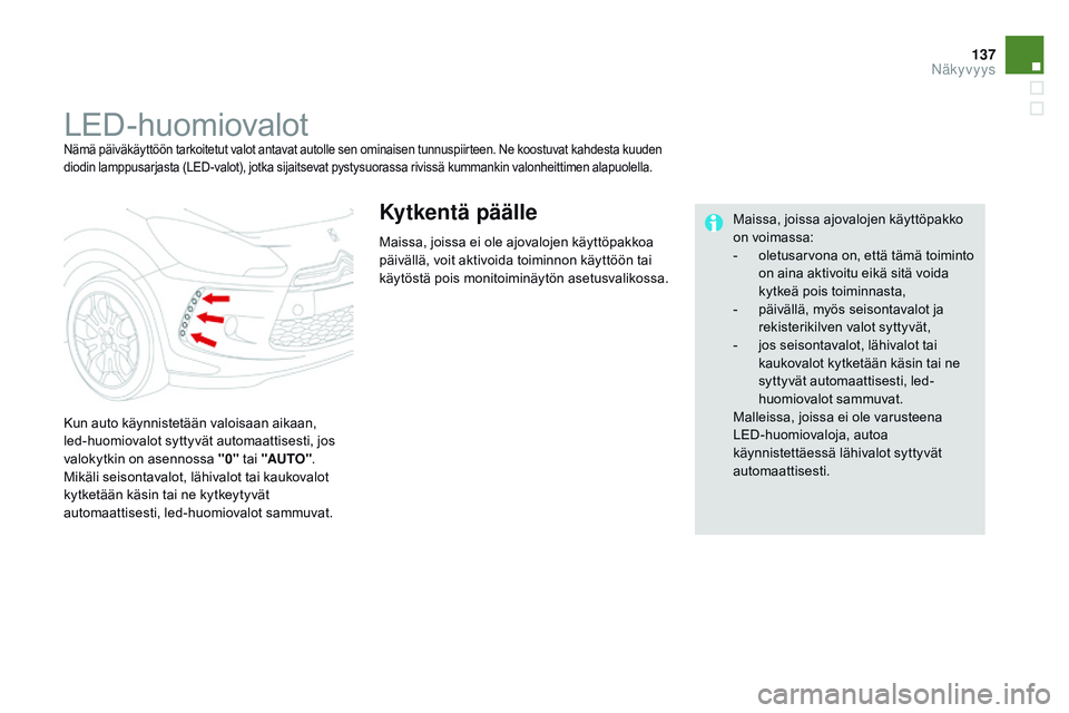 CITROEN DS3 CABRIO 2015  Omistajan Käsikirjat (in Finnish) 137
DS3_fi_Chap07_visibilite_ed01-2014
LED-huomiovalotNämä päiväkäyttöön tarkoitetut valot antavat autolle sen ominaisen tunnuspiirteen. Ne koostuvat kahdesta kuuden 
diodin lamppusarjasta (LED
