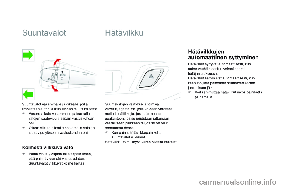 CITROEN DS3 CABRIO 2015  Omistajan Käsikirjat (in Finnish) Suuntavalot
Suuntavalot vasemmalle ja oikealle, joilla 
ilmoitetaan auton kulkusuunnan muuttumisesta.
F 
V
 asen: vilkuta vasemmalle painamalla 
valojen säätövipu alaspäin vastuskohdan 
ohi.
F
 
O