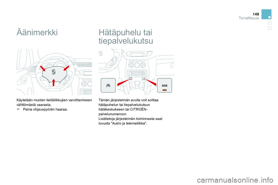 CITROEN DS3 CABRIO 2015  Omistajan Käsikirjat (in Finnish) 149
DS3_fi_Chap08_securite_ed01-2014
Äänimerkki
Käytetään muiden tielläliikkujien varoittamiseen 
välittömästä vaarasta.
F 
P
 aina ohjauspyörän haaraa.
Hätäpuhelu tai 
tiepalvelukutsu
T