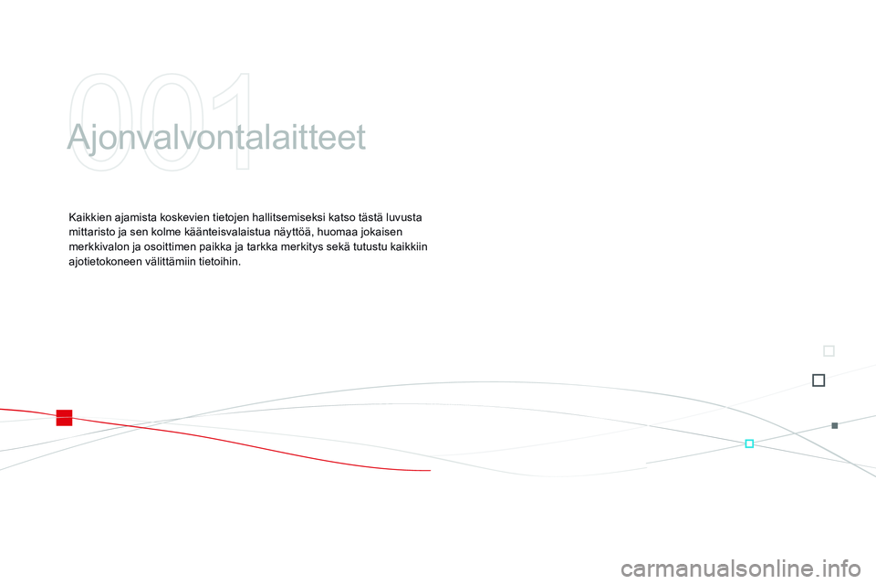 CITROEN DS3 CABRIO 2015  Omistajan Käsikirjat (in Finnish) DS3_fi_Chap01_controle-de-marche_ed01-2014
Ajonvalvontalaitteet
Kaikkien ajamista koskevien tietojen hallitsemiseksi katso tästä luvusta 
mittaristo ja sen kolme käänteisvalaistua näyttöä, huom
