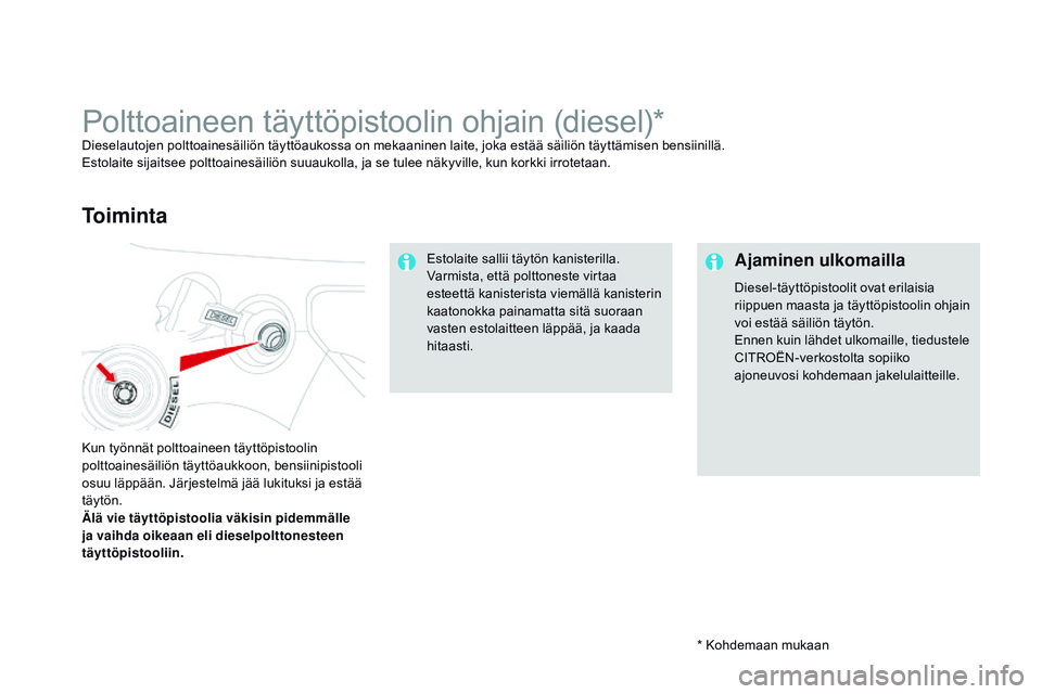 CITROEN DS3 CABRIO 2015  Omistajan Käsikirjat (in Finnish) DS3_fi_Chap10_info-pratiques_ed01-2014
* Kohdemaan mukaan
Polttoaineen täyttöpistoolin ohjain (diesel)*Dieselautojen polttoainesäiliön täyttöaukossa on mekaaninen laite, joka estää säiliön t