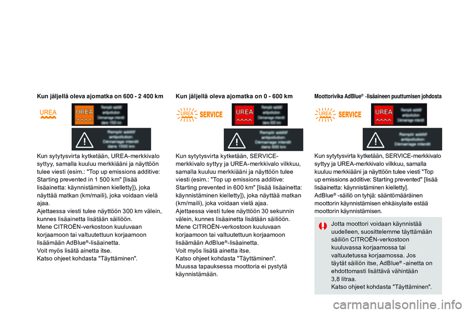 CITROEN DS3 CABRIO 2015  Omistajan Käsikirjat (in Finnish) DS3_fi_Chap10_info-pratiques_ed01-2014
Kun jäljellä oleva ajomatka on 600 - 2 400 km
Kun sytytysvirta kytketään, UREA-merkkivalo 
syttyy, samalla kuuluu merkkiääni ja näyttöön 
tulee viesti (