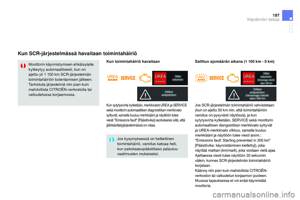 CITROEN DS3 CABRIO 2015  Omistajan Käsikirjat (in Finnish) 197
DS3_fi_Chap10_info-pratiques_ed01-2014
Kun SCR-järjestelmässä havaitaan toimintahäiriö
Jos kysymyksessä on hetkellinen 
toimintahäiriö, varoitus katoaa heti, 
kun pakokaasupäästötaso pa