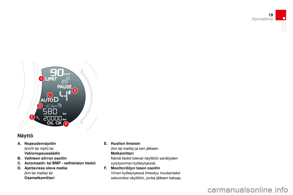 CITROEN DS3 CABRIO 2015  Omistajan Käsikirjat (in Finnish) 19
DS3_fi_Chap01_controle-de-marche_ed01-2014
Näyttö
E. Huollon ilmaisin  (
km tai mailia) ja sen jälkeen 
 M

atkamittari  
 N

ämä tiedot tulevat näyttöön perätysten 
sytytysvirran kytkeyty