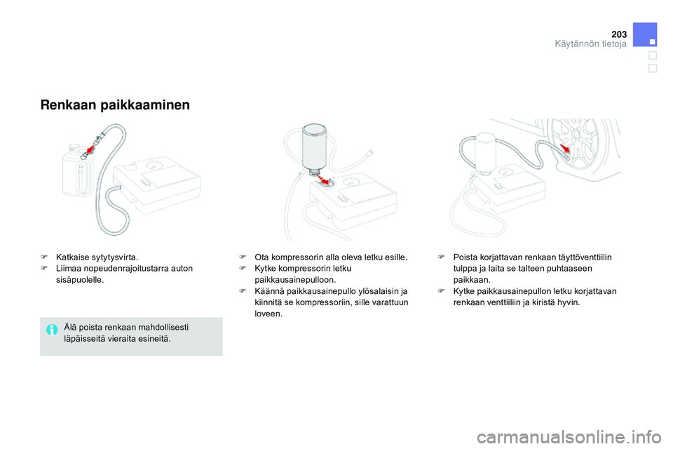 CITROEN DS3 CABRIO 2015  Omistajan Käsikirjat (in Finnish) 203
DS3_fi_Chap10_info-pratiques_ed01-2014
F Katkaise sytytysvirta.
F L iimaa nopeudenrajoitustarra auton 
sisäpuolelle.
Renkaan paikkaaminen
Älä poista renkaan mahdollisesti 
läpäisseitä vierai