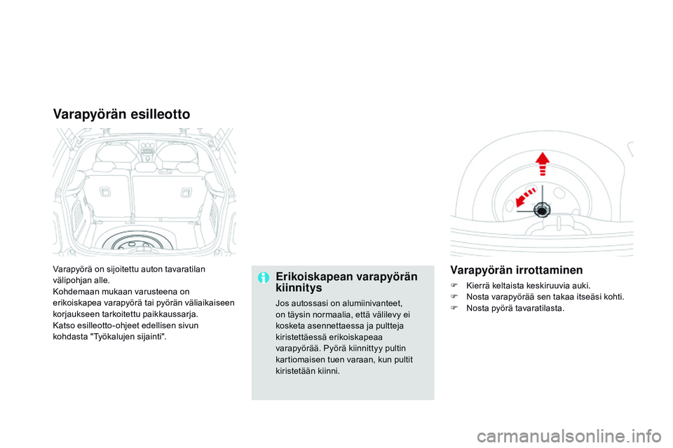 CITROEN DS3 CABRIO 2015  Omistajan Käsikirjat (in Finnish) DS3_fi_Chap10_info-pratiques_ed01-2014
Varapyörä on sijoitettu auton tavaratilan 
välipohjan alle.
Kohdemaan mukaan varusteena on 
erikoiskapea varapyörä tai pyörän väliaikaiseen 
korjaukseen 