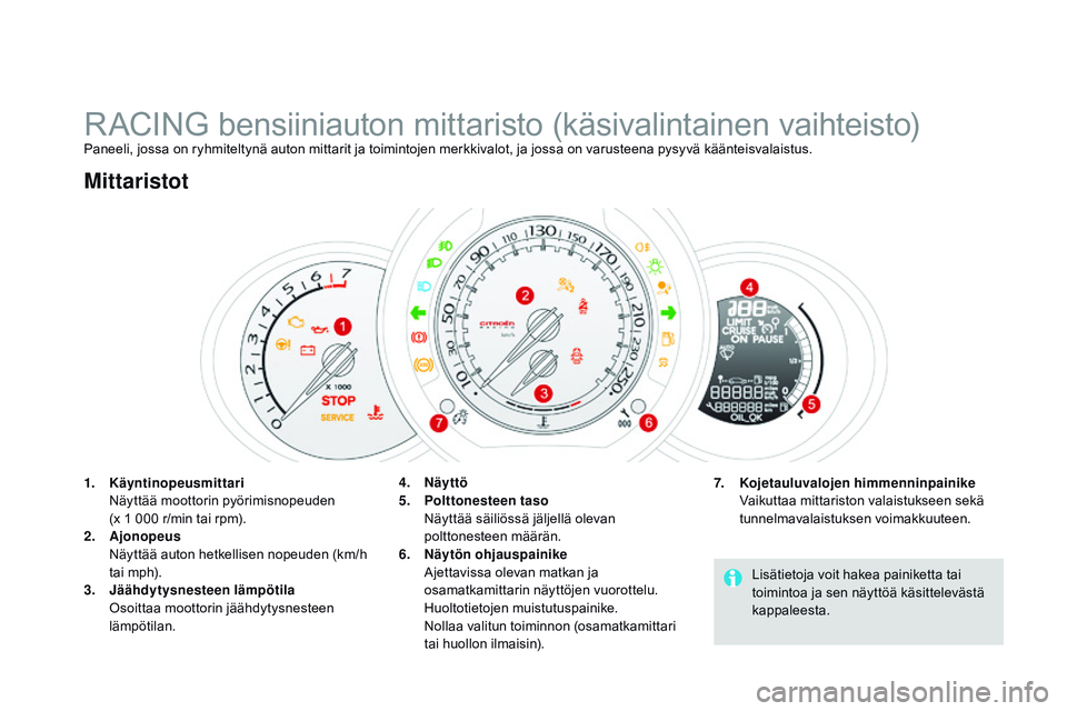 CITROEN DS3 CABRIO 2015  Omistajan Käsikirjat (in Finnish) DS3_fi_Chap01_controle-de-marche_ed01-2014
RACING bensiiniauton mittaristo (käsivalintainen vaihteisto)Paneeli, jossa on ryhmiteltynä auton mittarit ja toimintojen merkkivalot, ja jossa on varusteen