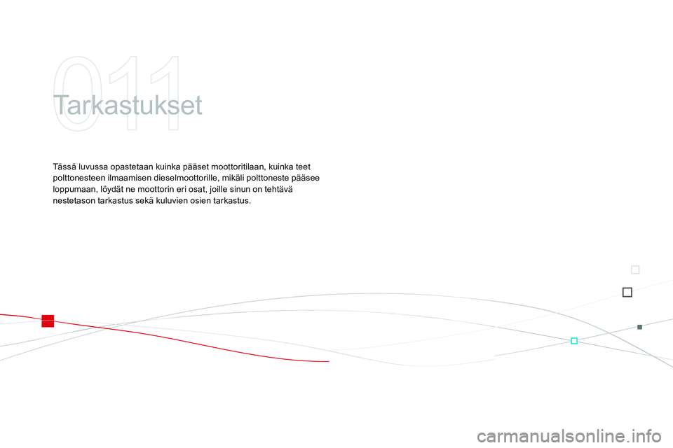 CITROEN DS3 CABRIO 2015  Omistajan Käsikirjat (in Finnish) DS3_fi_Chap11_verifications_ed01-2014
Tarkastukset
Tässä luvussa opastetaan kuinka pääset moottoritilaan, kuinka teet 
polttonesteen ilmaamisen dieselmoottorille, mikäli polttoneste pääsee 
lop