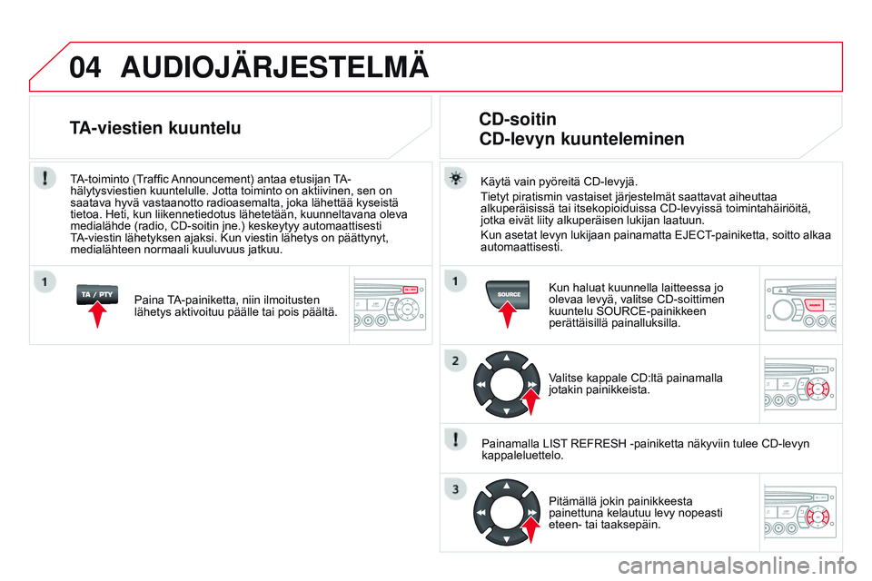 CITROEN DS3 CABRIO 2015  Omistajan Käsikirjat (in Finnish) 04
DS3_fi_Chap13c_RD45_ed01_2014
AUdIOJÄRJESTELMÄ
Käytä vain pyöreitä CD-levyjä.
Tietyt piratismin vastaiset järjestelmät saattavat aiheuttaa 
alkuperäisissä tai itsekopioiduissa CD-levyiss