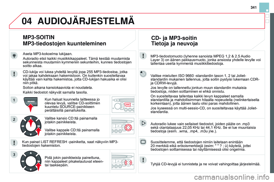 CITROEN DS3 CABRIO 2015  Omistajan Käsikirjat (in Finnish) 04
341
DS3_fi_Chap13c_RD45_ed01_2014
MP3-tiedostomuoto (lyhenne sanoista MPEG 1,2 & 2.5 Audio 
Layer  3) on äänen pakkausmuoto, jonka ansiosta yhdelle levylle voi 
tallentaa useita kymmeniä musiikk