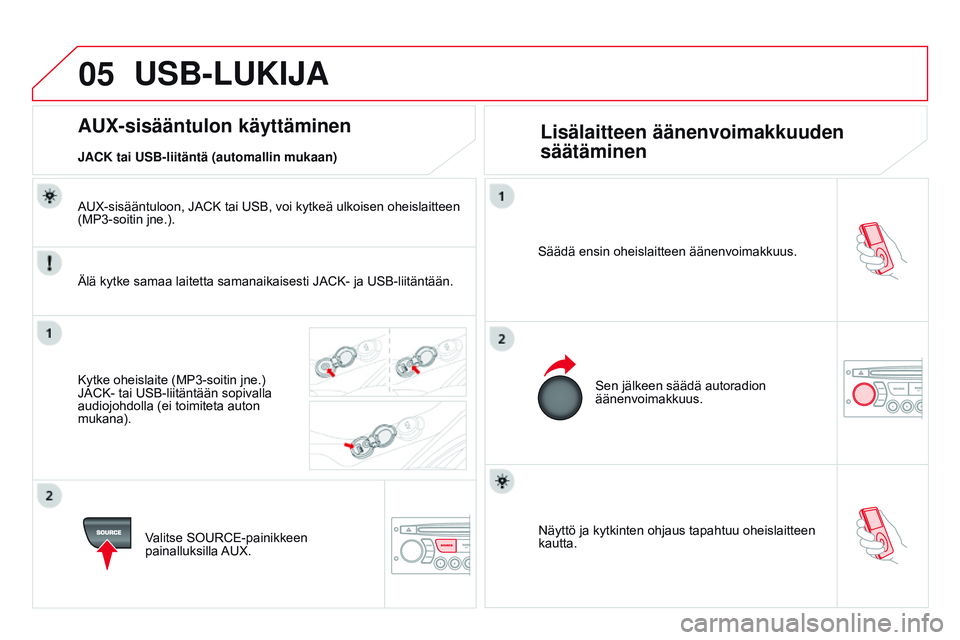 CITROEN DS3 CABRIO 2015  Omistajan Käsikirjat (in Finnish) 05
DS3_fi_Chap13c_RD45_ed01_2014
Näyttö ja kytkinten ohjaus tapahtuu oheislaitteen 
kautta.
Säädä ensin oheislaitteen äänenvoimakkuus.
Sen jälkeen säädä autoradion 
äänenvoimakkuus.
AUX-s