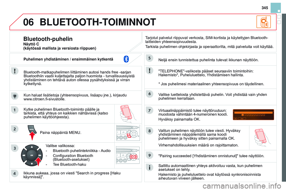 CITROEN DS3 CABRIO 2015  Omistajan Käsikirjat (in Finnish) 06
345
DS3_fi_Chap13c_RD45_ed01_2014
BLUETOOTH-TOIMINNOT
Bluetooth-matkapuhelimen liittäminen autosi hands free -sarjan 
Bluetoothiin vaatii kuljettajalta paljon huomiota - turvallisuussyistä 
yhdis