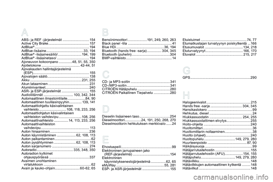 CITROEN DS3 CABRIO 2015  Omistajan Käsikirjat (in Finnish) DS3_fi_Chap14_index-recherche_ed01-2014
ABS- ja REF -järjestelmät ............................15 4
Active City Brake  ........................................... 15
7
AdBlue
® .....................