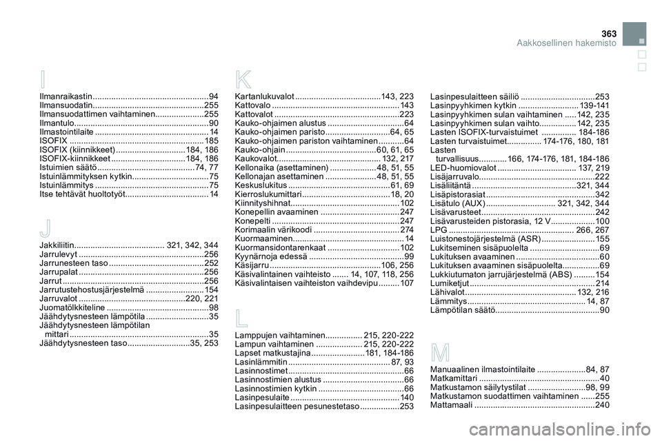 CITROEN DS3 CABRIO 2015  Omistajan Käsikirjat (in Finnish) 363
DS3_fi_Chap14_index-recherche_ed01-2014
Jakkiliitin ....................................... 321, 342, 344
Jarrulevyt .............................. ........................256
Jarrunesteen taso
 
