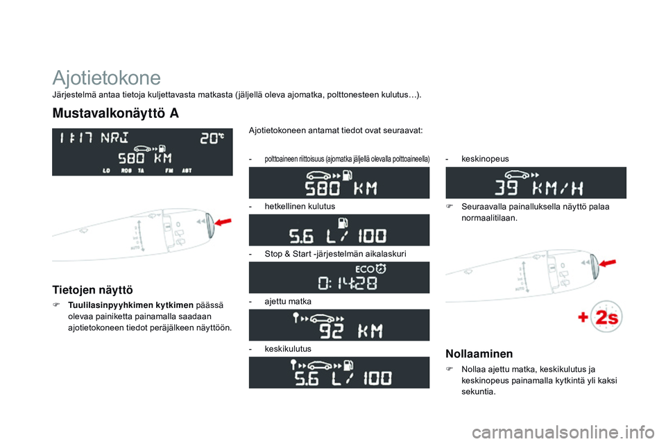 CITROEN DS3 CABRIO 2015  Omistajan Käsikirjat (in Finnish) DS3_fi_Chap01_controle-de-marche_ed01-2014
Ajotietokone
Mustavalkonäyttö A
Tietojen näyttö
F Tuulilasinpyyhkimen kytkimen päässä 
olevaa painiketta painamalla saadaan 
ajotietokoneen tiedot per