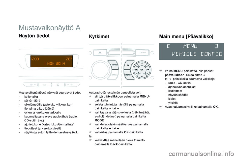 CITROEN DS3 CABRIO 2015  Omistajan Käsikirjat (in Finnish) DS3_fi_Chap02_ecrans-multifonction_ed01-2014
Mustavalkonäyttö A
Mustavalkonäytössä näkyvät seuraavat tiedot:
- kellonaika
-
 pä

ivämäärä
-
 
u
 lkolämpötila (asteluku vilkkuu, kun 
tien