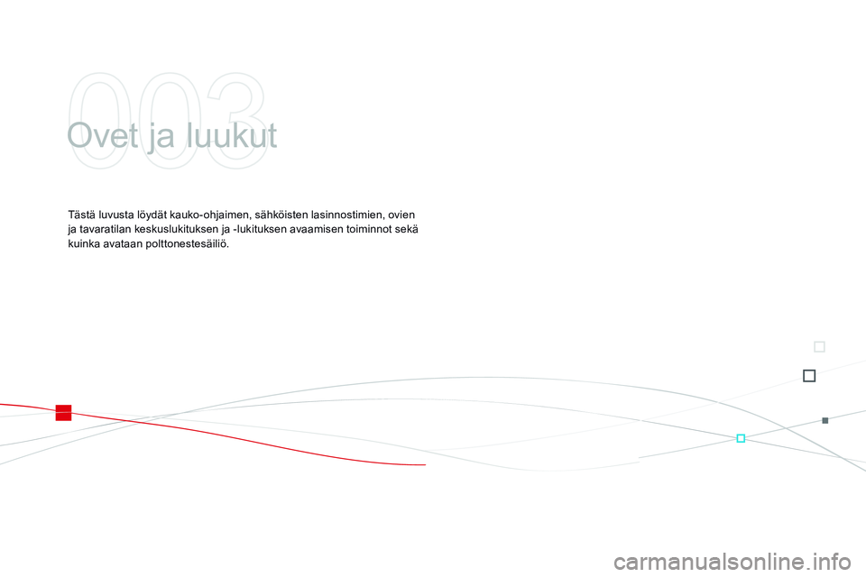 CITROEN DS3 CABRIO 2015  Omistajan Käsikirjat (in Finnish) DS3_fi_Chap03_ouvertures_ed01-2014
Ovet ja luukut
Tästä luvusta löydät kauko-ohjaimen, sähköisten lasinnostimien, ovien 
ja tavaratilan keskuslukituksen ja -lukituksen avaamisen toiminnot sekä 