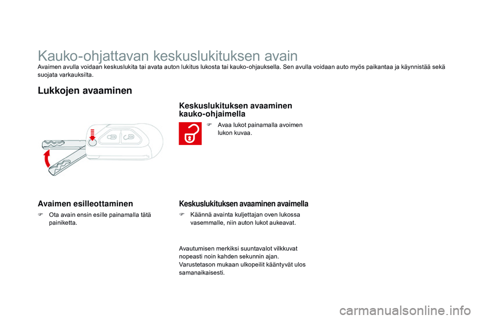 CITROEN DS3 CABRIO 2015  Omistajan Käsikirjat (in Finnish) DS3_fi_Chap03_ouvertures_ed01-2014
Kauko-ohjattavan keskuslukituksen avainAvaimen avulla voidaan keskuslukita tai avata auton lukitus lukosta tai kauko-ohjauksella. Sen avulla voidaan auto myös paika