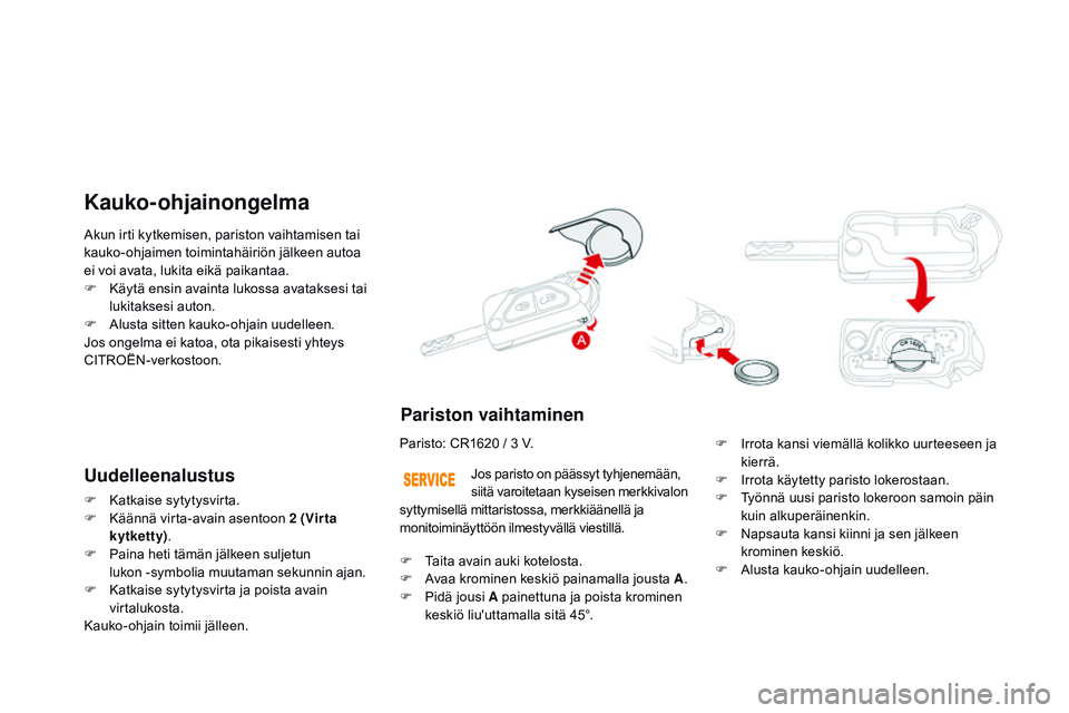 CITROEN DS3 CABRIO 2015  Omistajan Käsikirjat (in Finnish) DS3_fi_Chap03_ouvertures_ed01-2014
Akun irti kytkemisen, pariston vaihtamisen tai 
kauko-ohjaimen toimintahäiriön jälkeen autoa 
ei voi avata, lukita eikä paikantaa.
F 
K
 äytä ensin avainta luk
