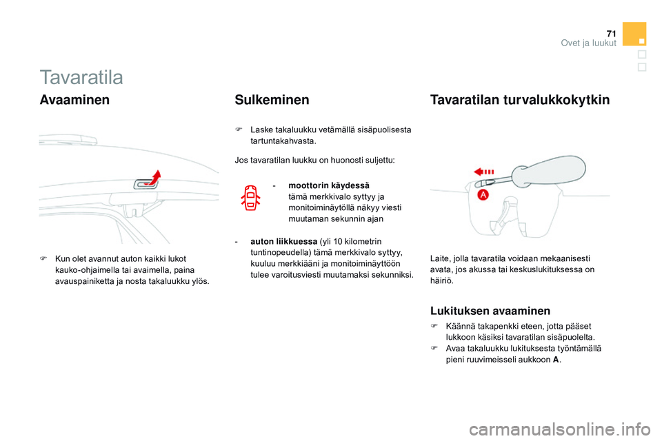 CITROEN DS3 CABRIO 2015  Omistajan Käsikirjat (in Finnish) 71
DS3_fi_Chap03_ouvertures_ed01-2014
Tavaratila
Avaaminen
F Kun olet avannut auton kaikki lukot kauko-ohjaimella tai avaimella, paina 
avauspainiketta ja nosta takaluukku ylös.
Sulkeminen
F Laske ta