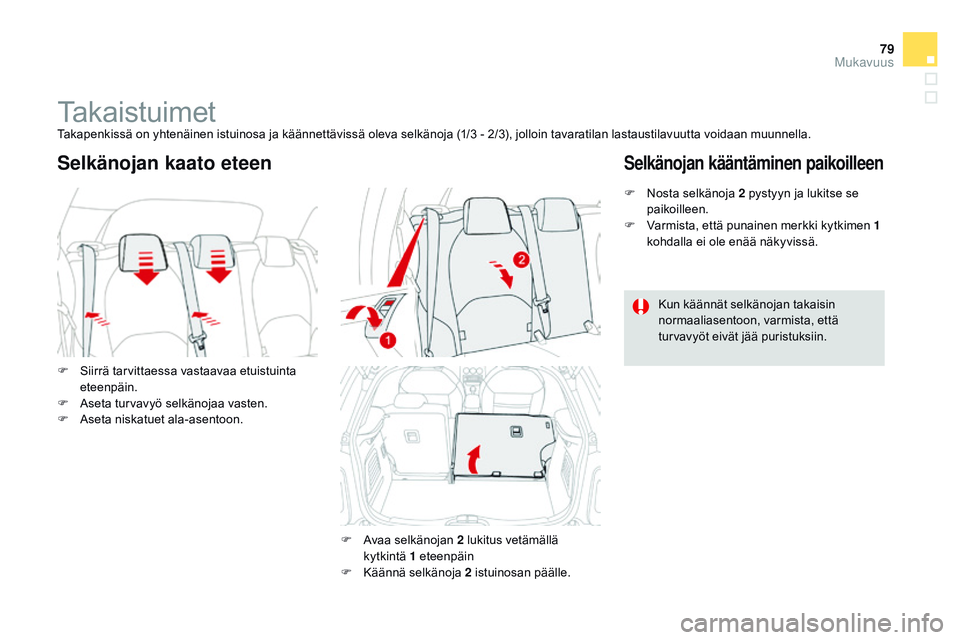 CITROEN DS3 CABRIO 2015  Omistajan Käsikirjat (in Finnish) 79
DS3_fi_Chap04_confort_ed01-2014
TakaistuimetTakapenkissä on yhtenäinen istuinosa ja käännettävissä oleva selkänoja (1/3 - 2/3), jolloin tavaratilan lastaustilavuutta voidaan muunnella.
F 
S
