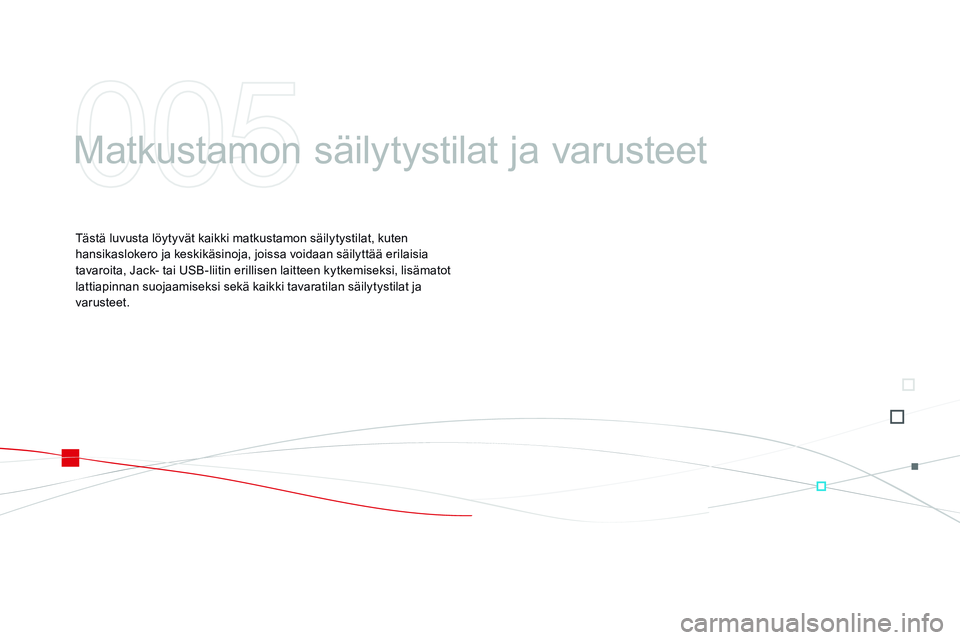 CITROEN DS3 CABRIO 2015  Omistajan Käsikirjat (in Finnish) DS3_fi_Chap05_amenagement_ed01-2014
Matkustamon säilytystilat ja varusteet
Tästä luvusta löytyvät kaikki matkustamon säilytystilat, kuten 
hansikaslokero ja keskikäsinoja, joissa voidaan säily