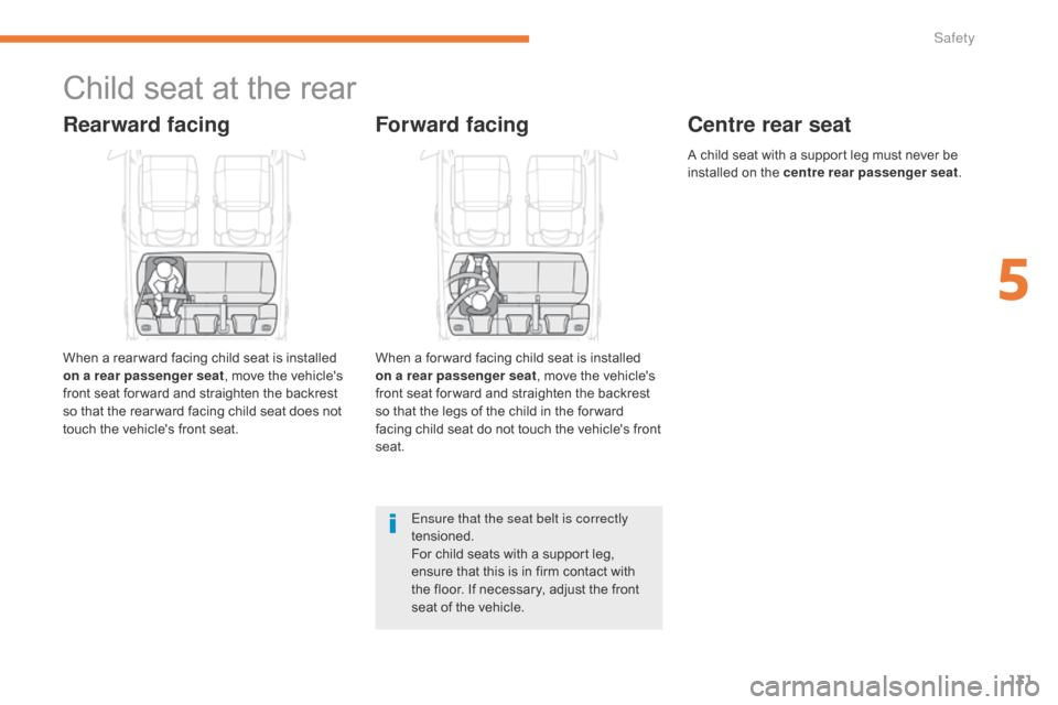 Citroen C3 RHD 2017 2.G Owners Manual 131
Child seat at the rear
Rearward facing
When a rear ward facing child seat is installed 
on a rear passenger seat, move the vehicles 
front seat for ward and straighten the backrest 
so that the r