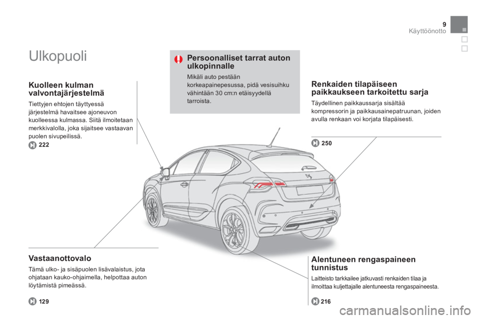 CITROEN DS4 2014  Omistajan Käsikirjat (in Finnish) 9Käyttöönotto
  Ulkopuoli  
 
 
Vastaanot tovalo 
 
Tämä ulko- ja sisäpuolen lisävalaistus, jota 
ohjataan kauko-ohjaimella, helpottaa auton 
löytämistä pimeässä. 
   
Renkaiden tilapäise