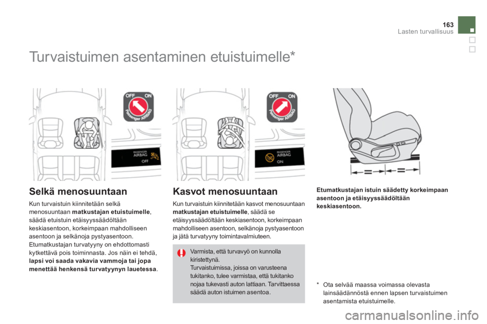 CITROEN DS4 2013 Omistajan Käsikirjat (in Finnish) 163Lasten turvallisuus
Turvaistuimen asentaminen etuistuimelle *
Selkä menosuuntaan
Kasvot menosuuntaan
Etumatkustajan istuin säädetty korkei CITROEN DS4 2013 Omistajan Käsikirjat (in Finnish) 163Lasten turvallisuus
Turvaistuimen asentaminen etuistuimelle *
Selkä menosuuntaan
Kasvot menosuuntaan
Etumatkustajan istuin säädetty korkei