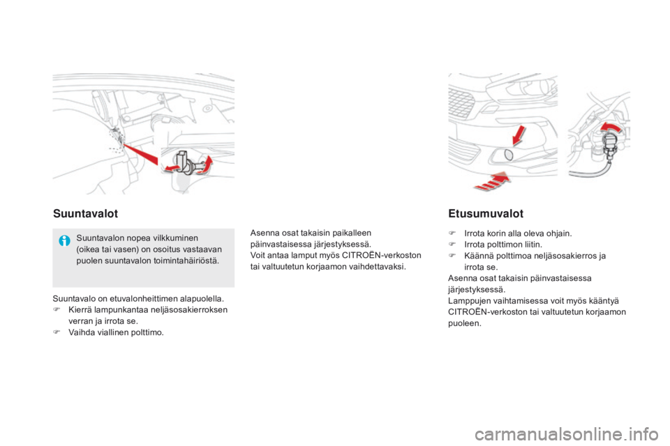 CITROEN DS5 2015  Omistajan Käsikirjat (in Finnish) DS5_fi_Chap08_info-pratiques_ed01-2015
etusumuvalot
F Irrota korin alla oleva ohjain.
F I rrota polttimon liitin.
F
 
K
 äännä polttimoa neljäsosakierros ja  
irrota se.
Asenna osat takaisin päin