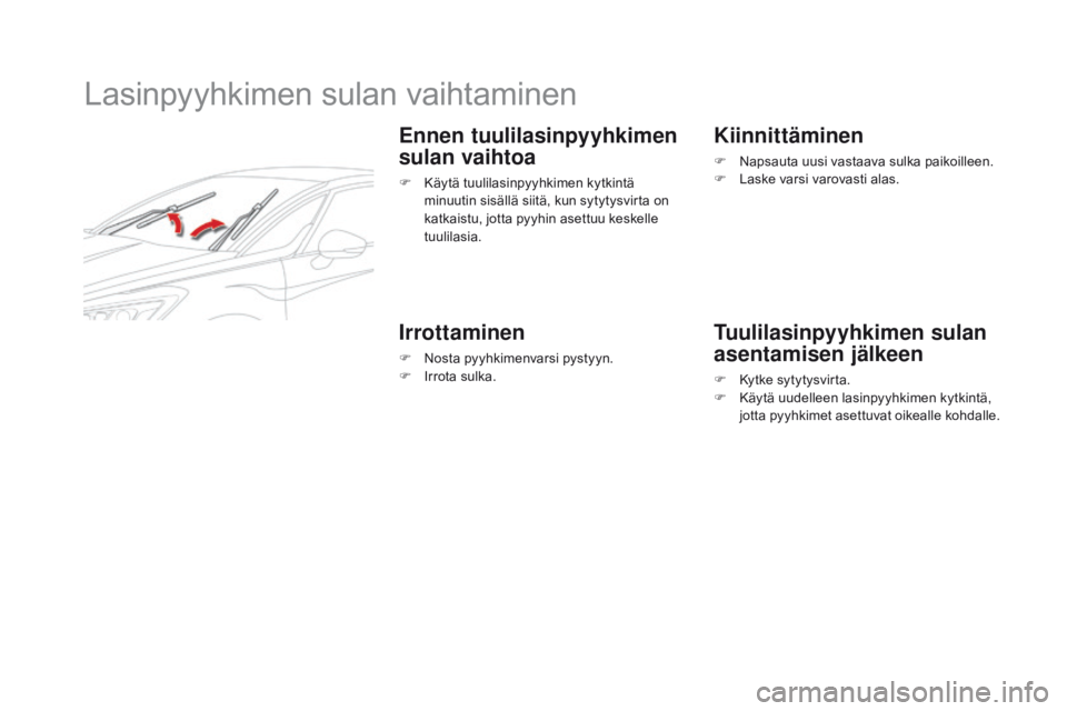 CITROEN DS5 2015  Omistajan Käsikirjat (in Finnish) DS5_fi_Chap08_info-pratiques_ed01-2015
Lasinpyyhkimen sulan vaihtaminen
ennen tuulilasinpyyhkimen 
sulan vaihtoa
F Käytä tuulilasinpyyhkimen kytkintä minuutin sisällä siitä, kun sytytysvirta on 