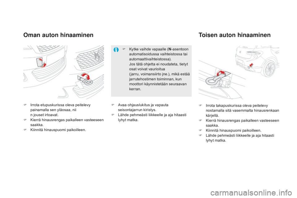 CITROEN DS5 2015  Omistajan Käsikirjat (in Finnish) DS5_fi_Chap08_info-pratiques_ed01-2015
Oman auton hinaaminenToisen auton hinaaminen
F Irrota etupuskurissa oleva peitelevy 
painamalla sen yläosaa, nii                           
n jouset irtoavat.
F