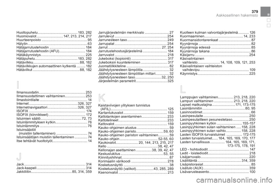 CITROEN DS5 2015 Omistajan Käsikirjat (in Finnish) 379
DS5_fi_Chap12_index-recherche_ed01-2015
Huoltopuhelu ......................................... 183, 282
Huomiovalot ........................... 1 47, 213, 214, 217
Huurteenpoisto
................ CITROEN DS5 2015 Omistajan Käsikirjat (in Finnish) 379
DS5_fi_Chap12_index-recherche_ed01-2015
Huoltopuhelu ......................................... 183, 282
Huomiovalot ........................... 1 47, 213, 214, 217
Huurteenpoisto
................