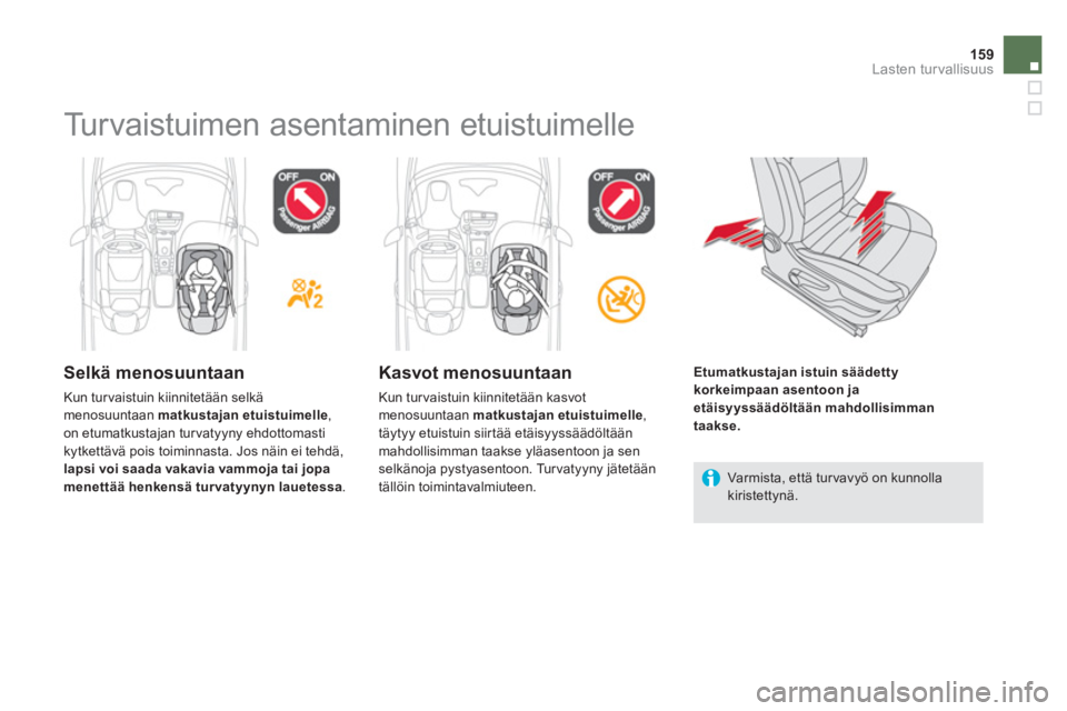 CITROEN DS5 2013  Omistajan Käsikirjat (in Finnish) 159Lasten turvallisuus
   
 
 
 
 
 
 
 
 
Turvaistuimen asentaminen etuistuimelle  
 
 
Selkä menosuuntaan
 Kun turvaistuin kiinnitetään selkä menosuuntaan matkustajan etuistuimelle , 
on etumatk