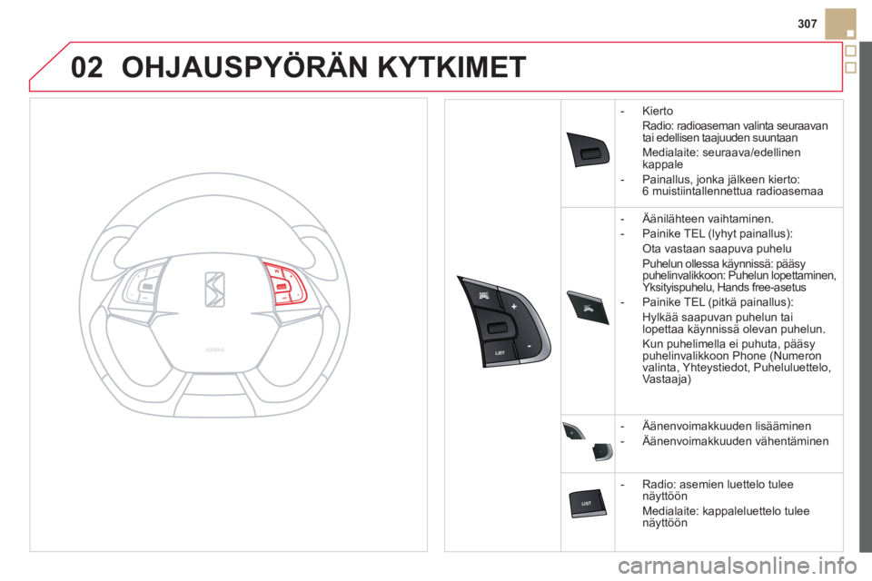 CITROEN DS5 2013  Omistajan Käsikirjat (in Finnish) 02
SRC



+
-
307
OHJAUSPYÖRÄN KYTKIMET 
-  Kierto
Radio: radioaseman valinta seuraavan
tai edellisen taajuuden suuntaan  
Medialaite: seuraava
/edellinenkappa